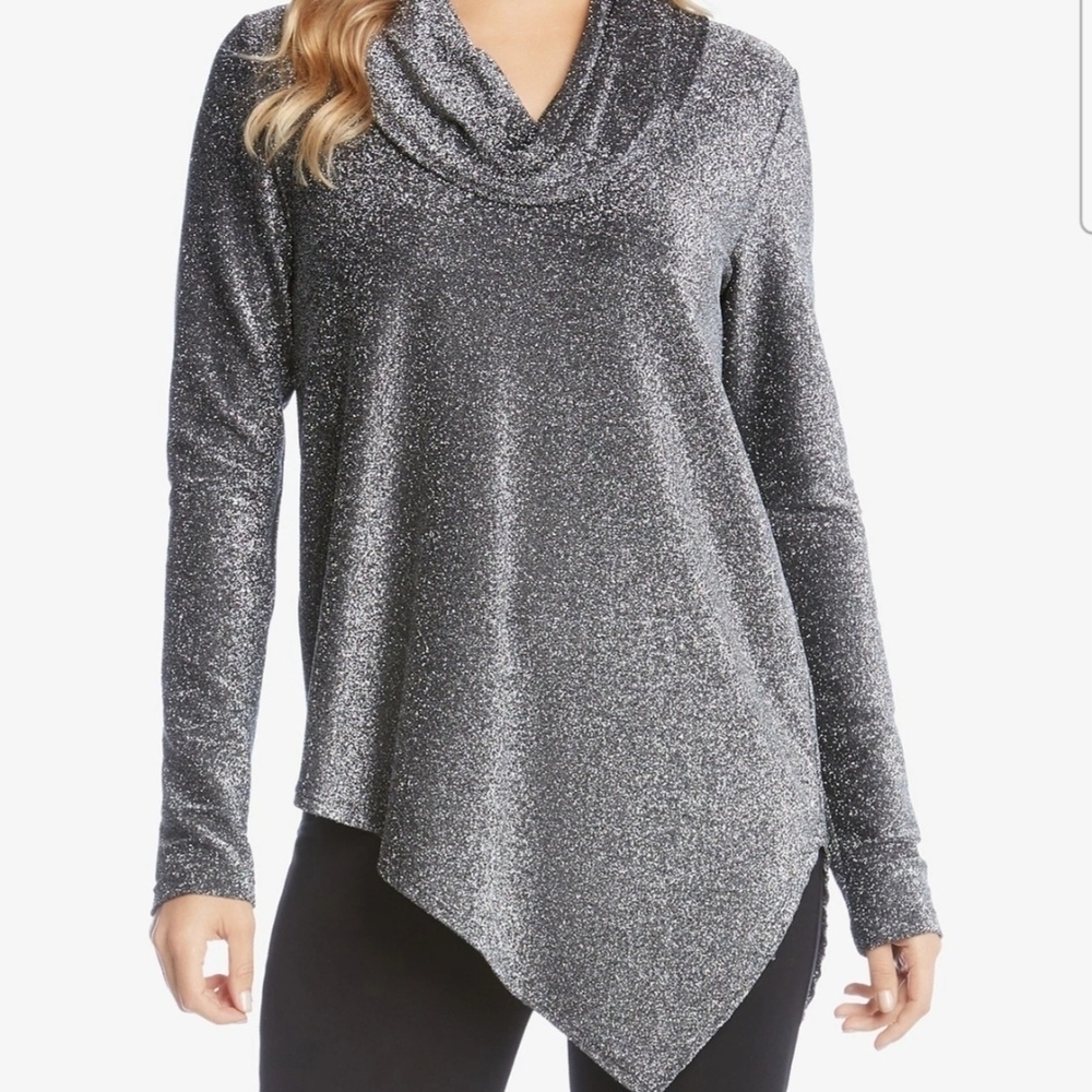 Karen Kane Aysmmetric Hem Metallic Knit Top Size XS Silver/black Shiny Sparkle